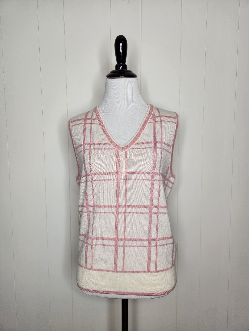 Tory Sport Pink & White Ribbon Windowpane Merino Wool V Neck Tennis Sweater Vest